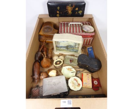 Vintage wicker sewing box, Smiths Bakelite alarm clock, Japanese lacquered glove box, musical jewellery box, treen and miscel