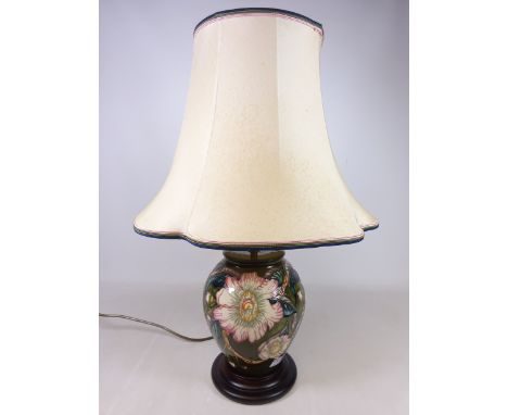 Moorcroft 'Gustavia' pattern table lamp designed by Debbie Hancock, H22cm of main body, with original shade (This item is PAT