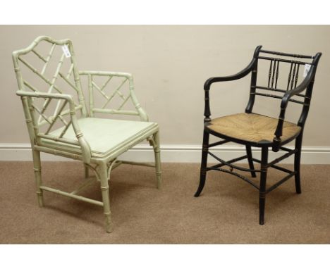 Simulated bamboo Chippendale 'cockpen' style armchair and another simulated bamboo armchair painted in black with gilt detail