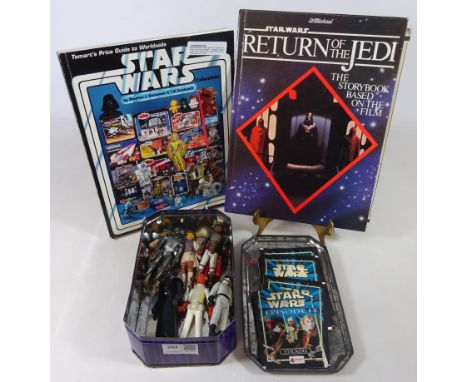 Eight Star Wars Action figures including Vadar, four Topps Star Wars Episode one unopened sticker packs & one opened, a Tomar