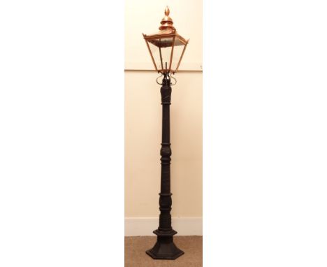 Victorian style ornate cast iron lamp post with copper finish four glass lantern, H262cm Condition Report Click here for furt