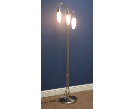 Metal three branch standard lamp with frosted glass shades, H161cm (This item is PAT tested - 5 day warranty from date of sal