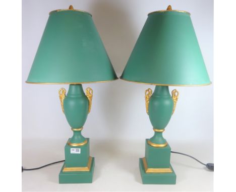 Pair of classical urn shape green and gilt table lamps, H68cm (This item is PAT tested - 5 day warranty from date of sale)   