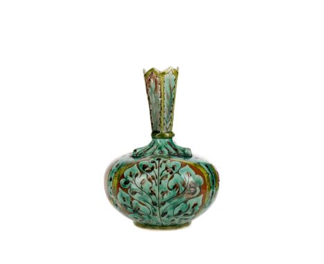 DELLA ROBBIA POTTERY VASE, of bulbous form, with flared hexagonal neck, decorated with foliate designs in shades of green and