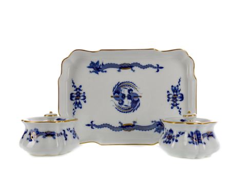 MEISSEN RECTANGULAR TRAY, of shaped rectangular form, decorated with stylised animals and foliate designs in blue and gilt, o