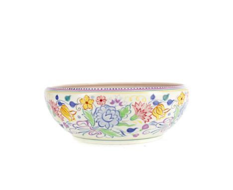POOLE POTTERY CIRCULAR BOWL, of large proportions, painted with stylised foliage, 34cm diameter