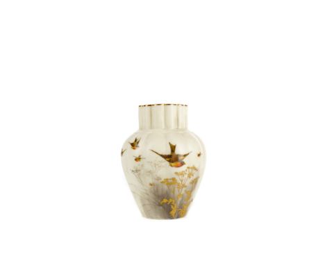 AESTHETIC MOVEMENT ROYAL WORCESTER SPILL VASE, the tapering square body with applied frog in relief, puce printed marks to ba