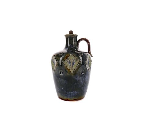 DOULTON SCOTCH WHISKY BOTTLE, the dimpled body inscribed 'Scotch' in relief, with tubelined foliate decoration on mottled blu