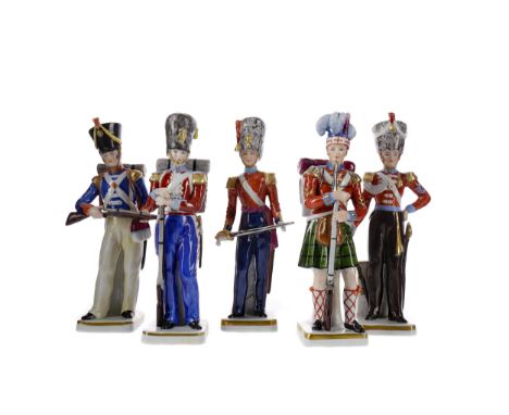 SET OF FIVE SITZENDORF MILITARY FIGURES, comprising Grenadier Guards 1853, The Royal Irish Drum Major 1828, The 11th Ireland 