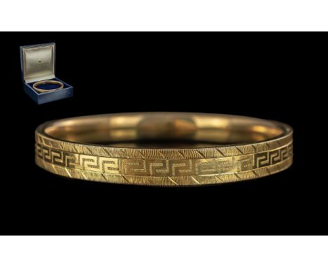9ct Gold - Greek Key Design Bangle ' Cuff ' Full Hallmark to Interior of Bangle, Well Designed with Excellent Warm Gold Colou