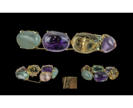 Ladies 14ct Yellow Gold Multi Gem Set Large Hinged Bangle, Marked 14ct - 585. Set with Various Large Cabochon Cut Gem Stones 