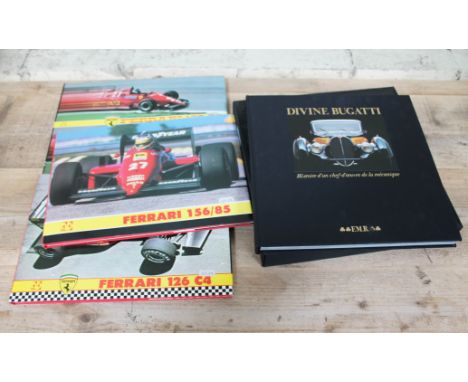 Three Ferrari books and Franco Maria Ricci Divine Bugatti.