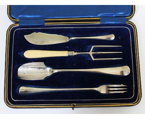 A cased silver condiment cutlery set comprising marmalade or jam knife, toasting fork with ivory handle, stilton scoop and pi