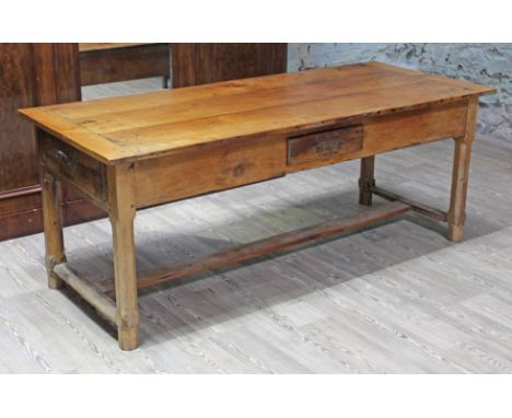 A French farm house table with drawers, length 194.5cm, depth 80.5cm & height 75cm.Condition:  Various areas of previous old 