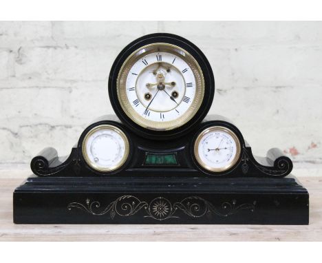 A Victorian black slate and green agate inlaid mantel clock with Brocot escapement and barometer subsidiary dials, length 45c