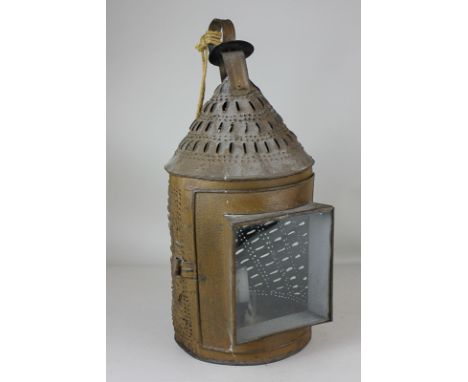 A rustic wrought iron shepherd's lantern, possibly French, with loop handle, 37cm