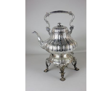 An impressive Elkington and Co silver plated kettle on stand, melon shape in Abacorn pattern, with domed lid, floral finial h