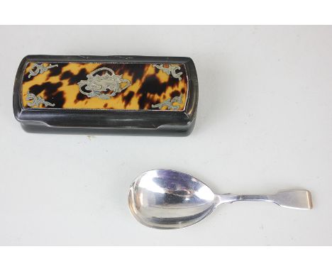 A Victorian silver caddy spoon, maker Charles Boyton, London 1837, together with a silver and tortoiseshell mounted trinket b