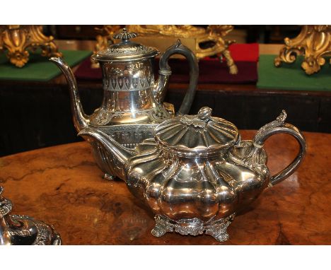 A Victorian silver plated teapot, melon shape with cast flower bud finial and scroll handle, 30cm, ,and a plated coffee pot, 