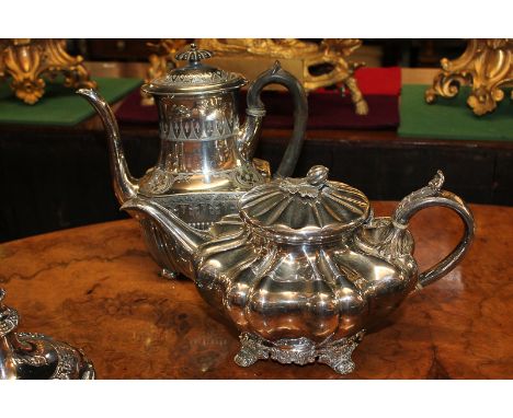 A Victorian silver plated teapot, melon shape with cast flower bud finial and scroll handle, 30cm, ,and a plated coffee pot, 