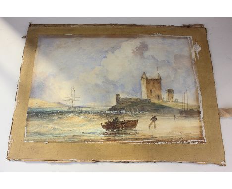 J R Prentice (19th century), landscape with ruin in foreground, fishermen pulling a boat onto the shore, ship at sea stretchi