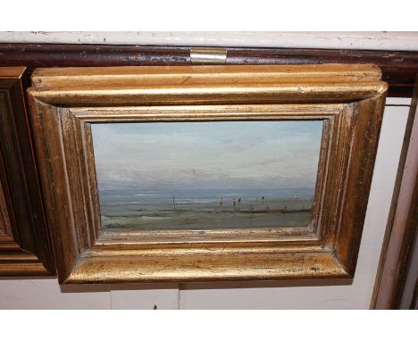 Edward Dawson NEAC (20th century), seascape with figures on the shore, 'The quiet sea', oil on board, signed, label verso, 11