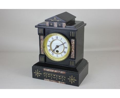 A Victorian slate mantel clock, architectural form with 5 inch gilt and white enamel dial, decorated with marble insets, on p