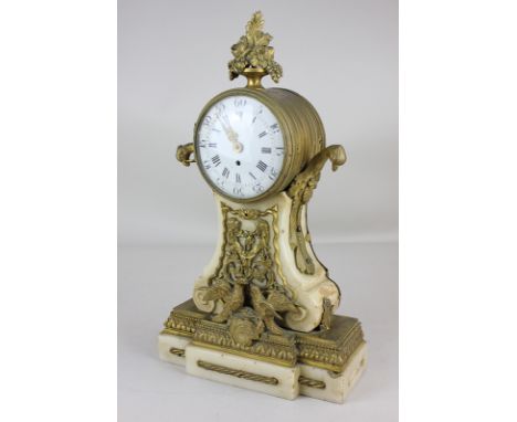 A French gilt metal mounted mantel clock, drum shaped dial with cast vase surmount, on marble plinth and base with gilt metal