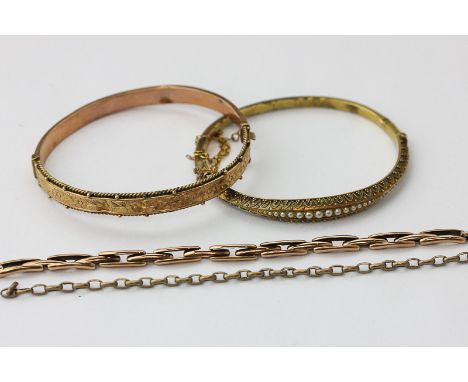A 9ct gold bangle, a gold and split pearl bangle, and two gold chains, 21.4g gross