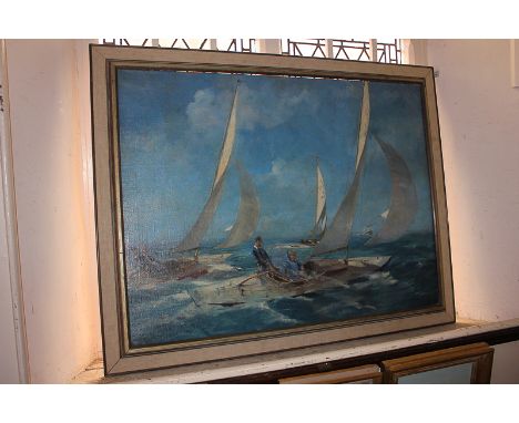 Francis R Flint (1915-1977), sailing yachts racing beneath blue skies, distant ferry, oil on canvas, signed, 75cm by 101cm