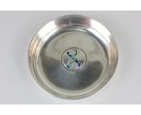 An Edward VII silver dish, maker Liberty & Co Ltd, Birmingham 1906, with Art Nouveau enamelled central design (a/f - some ena