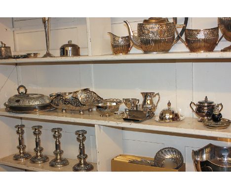 A silver mounted cut glass salt, a silver plated cake basket, a silver plated entree dish (a/f), an oil lamp, a toast rack an