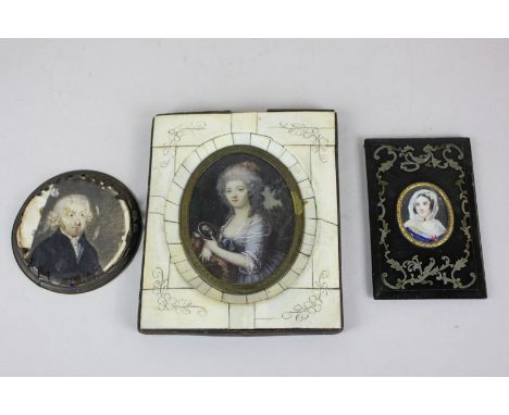 A Continental portrait miniature of a lady in late 18th century taste in a bone veneered frame, and two others (a/f)