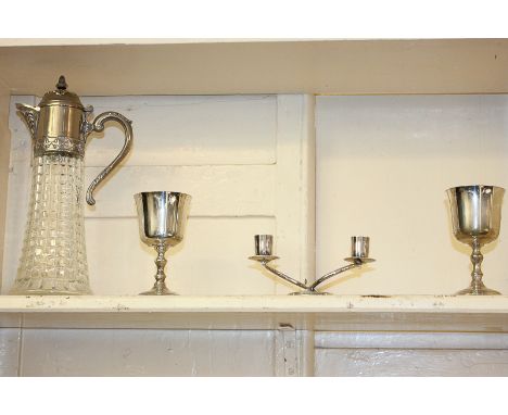 A modern silver plate mounted glass claret jug, a pair of goblets and a small two-light candelabrum