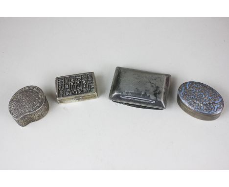 A white metal and blue enamel trinket box marked 925, two white metal pill boxes and a pewter snuff box, (TG)