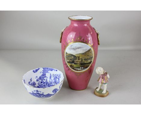 A 19th century Worcester pink and gilt porcelain vase, painted with circular motif depicting a church landscape, mark to base