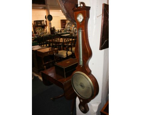 A George III mahogany wall barometer and thermometer with 10 inch silvered dial, in line inlaid case with swan neck arch surm