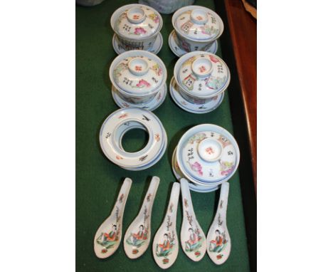 Five Chinese porcelain lidded rice bowls together with seven matching saucers, decorated with character marks and figures, ch