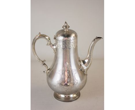 A Victorian silver coffee jug and matching two-handled sugar bowl, baluster shape with engine turned decoration, engraved car