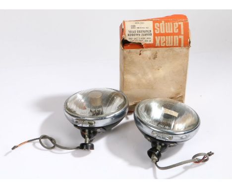 Pair of Lucas chrome car lamps, marked CFT/CLR 12 to back, and a Lumax Lamp in stainless steel, in original box (3)
