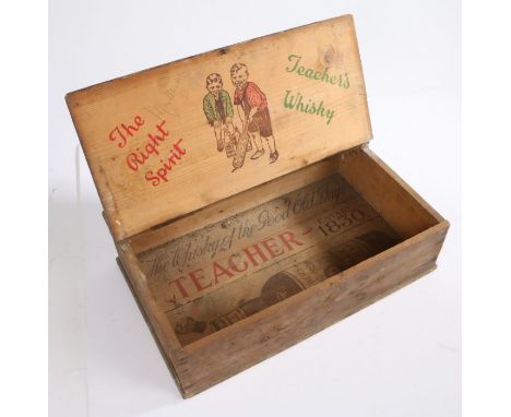 Teacher's Whisky advertising pine box, the hinged lid with a scene of two boys playing cricket and using two bottles as crick