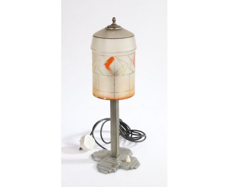 Art Deco style reading lamp, with frosted white and orange cylindrical glass shade above a chrome square reeded column and st