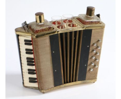 Mid 20th century novelty tantalus in the form of an accordion, housing two decanters and four small glasses, with brass effec