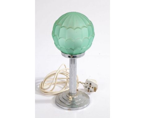 Art Deco style reading lamp, with frosted green artichoke bulb style glass shade above a chrome reeded column and stepped bas