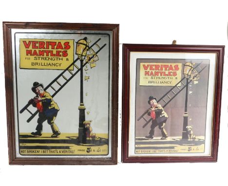 Advertising mirror, "VERITAS MANTLES FOR STRENGTH AND BRILLIANCE", with central depiction of a lamplighter breaking a streetl