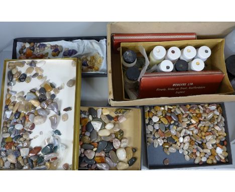 A large collection of polished semi-precious stones including agate and amethyst and a Wenger Metal Enamel Products 'For Gold