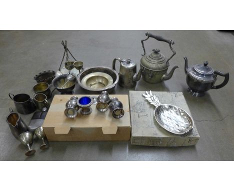 A collection of plated ware and metal wares including kettles, pots, jugs, a hip flask, a cruet set, etc. **PLEASE NOTE THIS 