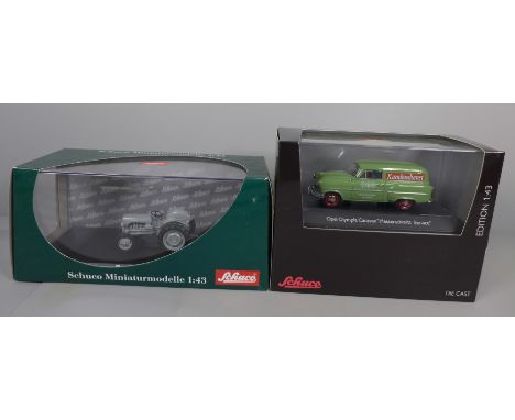 Two Schuco 1:43 scale die-cast model vehicles, Opel Olympia Caravan and Ferguson TE20 tractor, boxed 