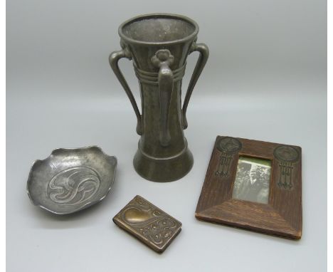 An English pewter Art Nouveau vase, photograph frame, vesta case and dish, vase 14cm 