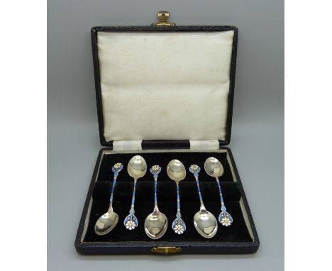 A cased set of six silver and enamel Arts &amp; Crafts spoons, Birmingham 1948/9, 53g 